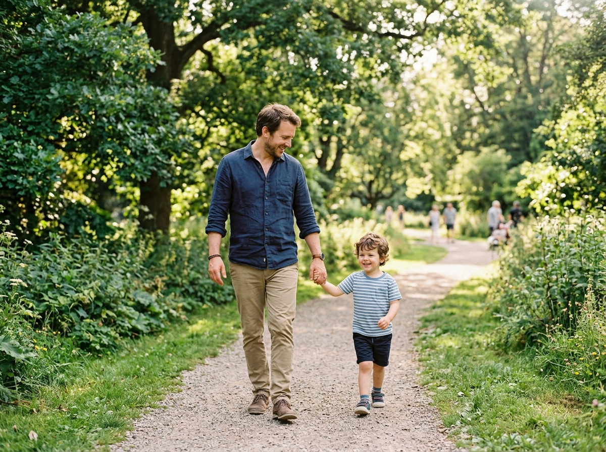 A caring parent and child walking hand-in-hand along a peaceful tree-lined path together