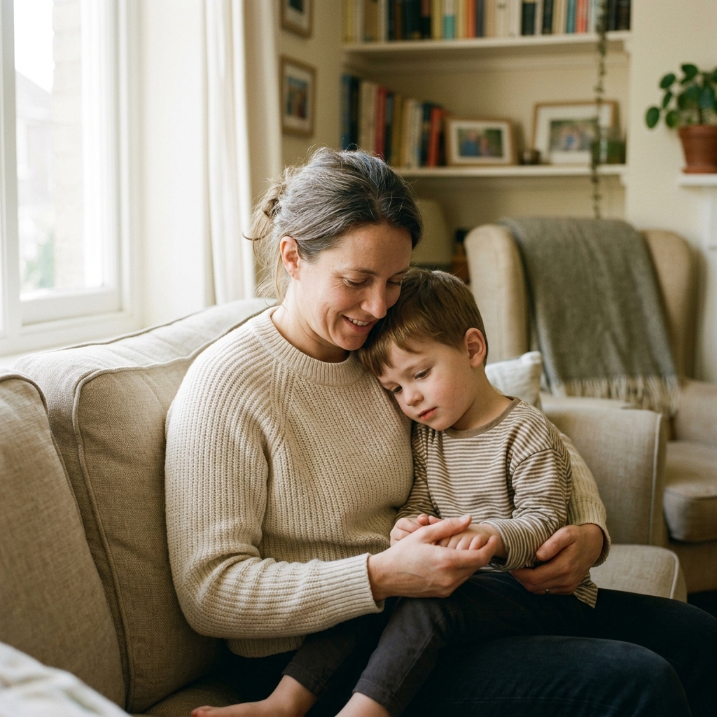 A mother tenderly holding and supporting her young child in a calm, sunlit home setting